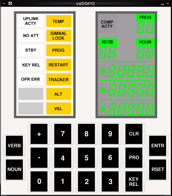 The yaDSKY2 panel during the Verb 35 lamp test: every warning lamp lit and every digit showing 8
